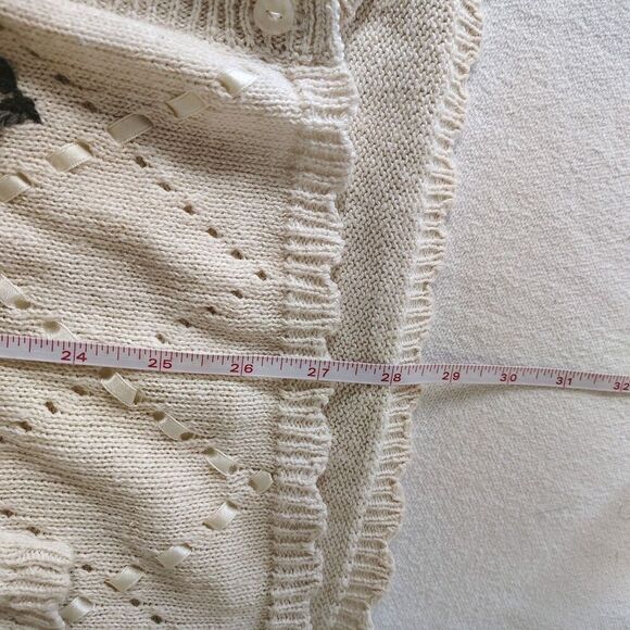 Vintage Ivory Embroidered Cardigan Sweater Floral Ribbon Romantic Cottagecore L - Picture 9 of 9